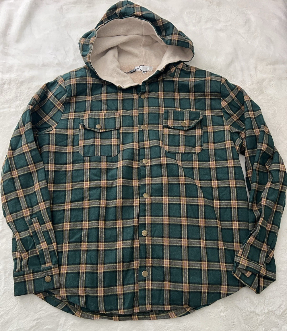 Mens Zaful Hooded Plaid Flannel Jacket XL Sherpa Lined Snap Front Green Coat New